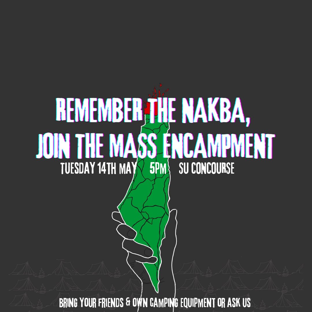 @sheffielduni remains silent and complicit in the ongoing Nakba of the Palestinian people. This is why we call on all students to join us for a MASS SLEEPOVER - TOMORROW, TUESDAY 14 MAY
BRING YOURSELF AND YOUR FRIENDS - WE CAN SUPPLY THE TENTS
Sign up at: forms.gle/Ty7HQvf9mMKuAW…