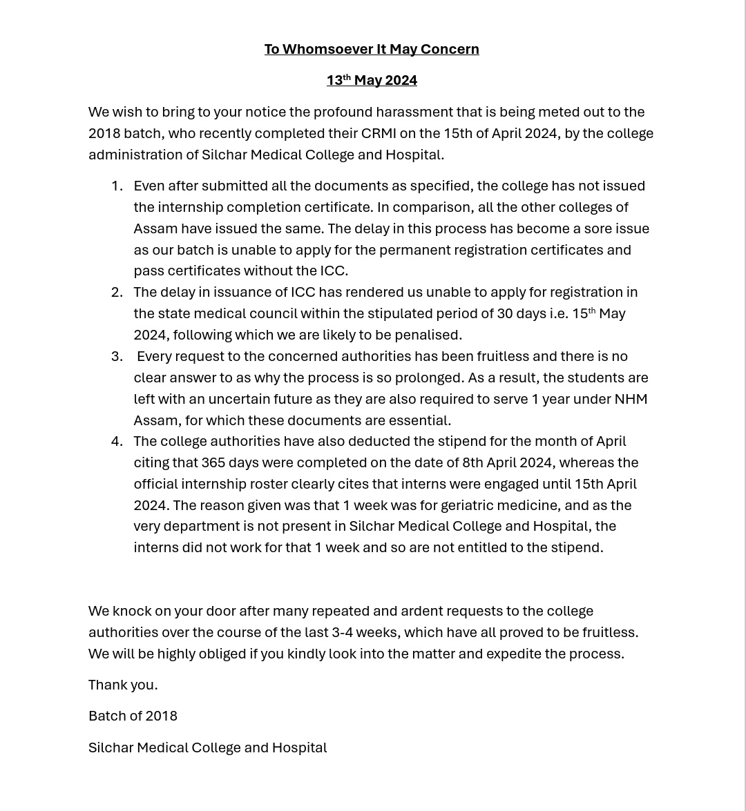 SMCInternee2324's tweet photo. We demand the immediate issuance of the internship completion certificate and the stipend for the month of April from the college authorities 
@NMC_IND 
@himantabiswa 
@nhm_assam 
@keshab_mahanta https://t.co/aVqpMUiuax
