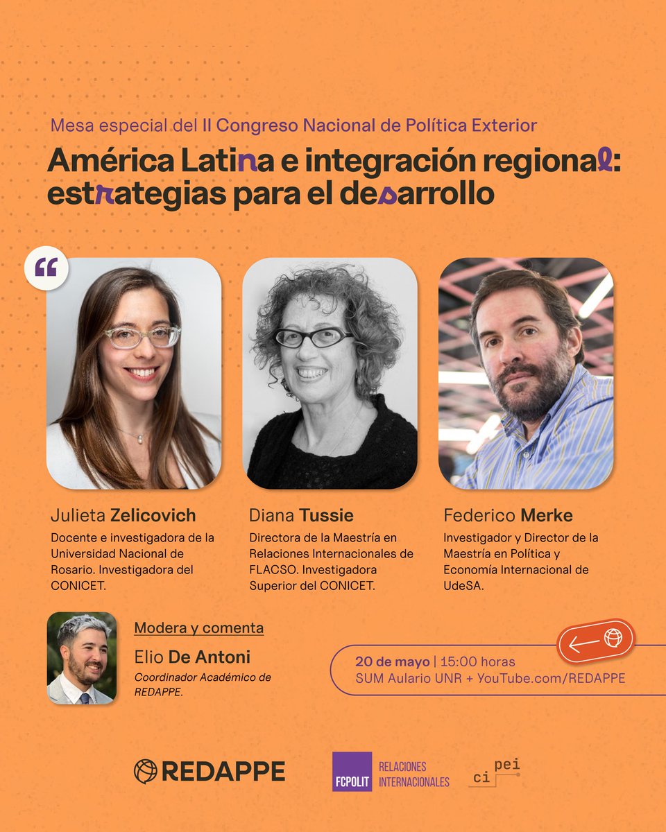 REDAPPE's tweet photo. 📈 “América Latina e integración regional: estrategias para el desarrollo”. Exponen @jujizel, @DianaTussie y Federico Merke. Modera y comenta @ElioDeAntoni.

🗓️ 20 de mayo a las 15.00 horas https://t.co/S8DyHczQ0T