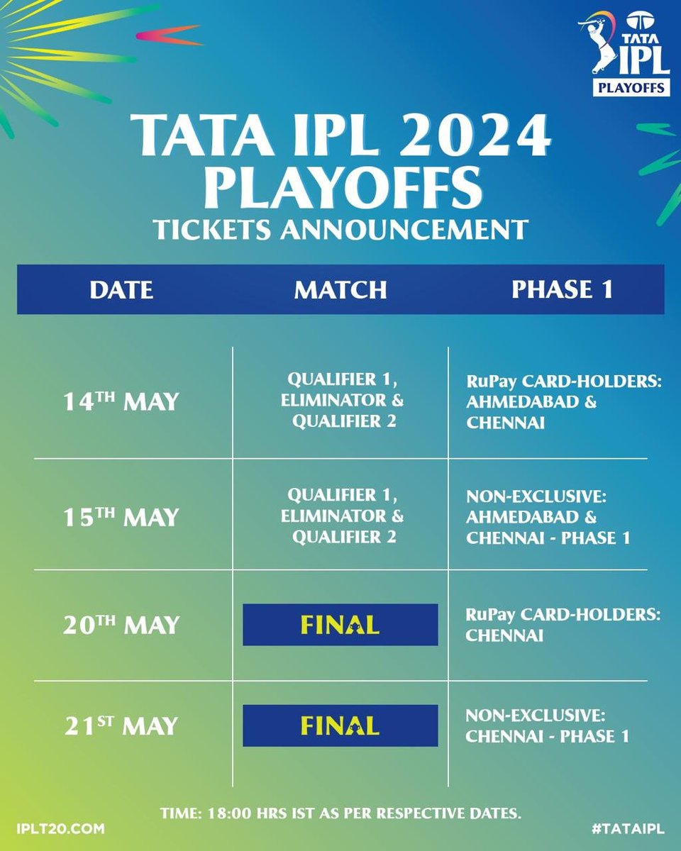 🚨 Announcement 🚨

Tickets 🎟️ for the much-anticipated #TATAIPL 2024 Playoffs to go LIVE on 14th May

⏰ 18:00 hrs IST as per respective dates.

Tickets can be purchased from official IPL website, Paytm App, Paytm Insider App and insider.in. 

All the details and…