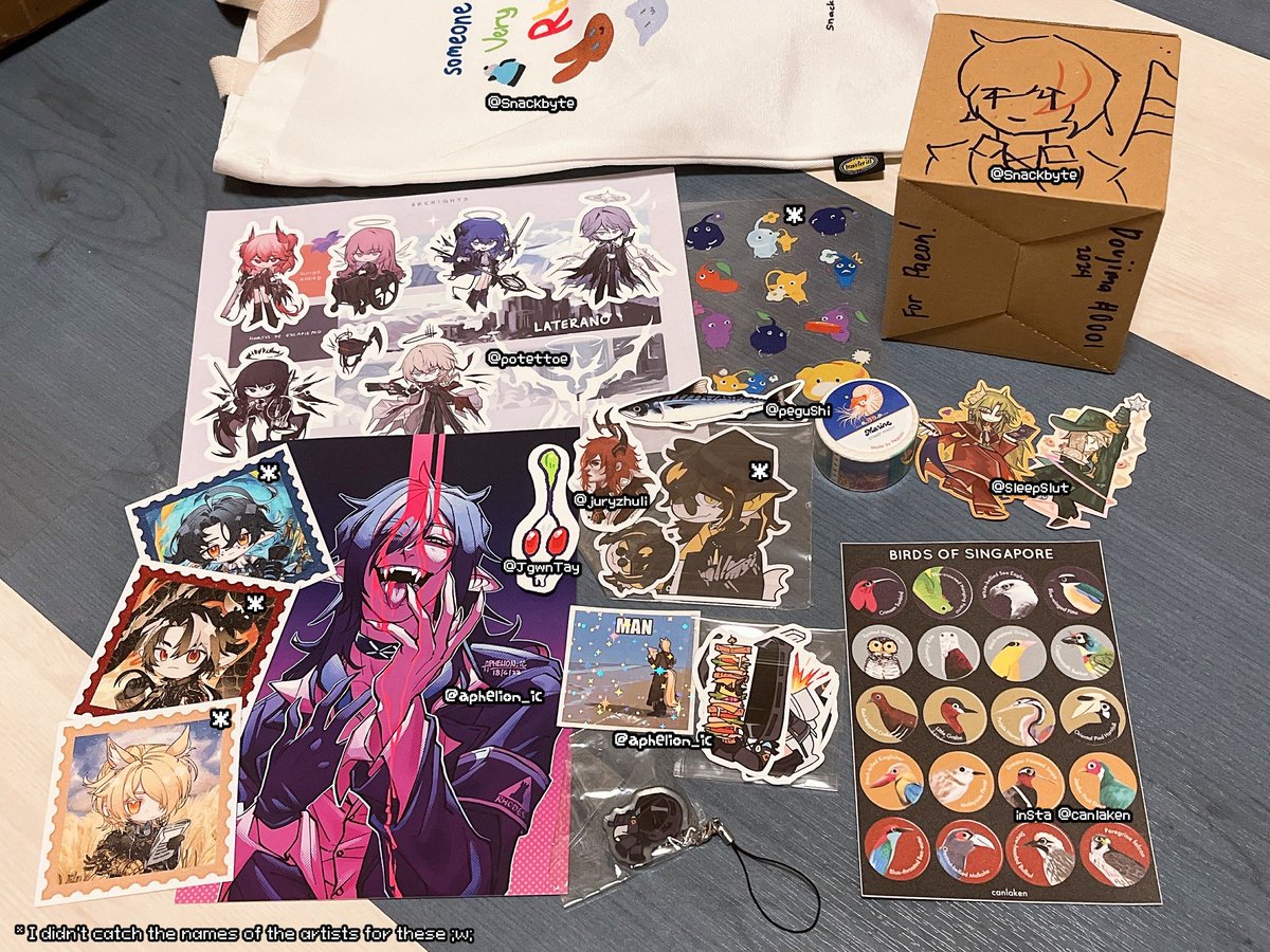 post-doujima post! 
I didn't get to browse much and barely looked at the half of the hall I'm at 🥹🥹
Here are the stuff I got, credits in image!