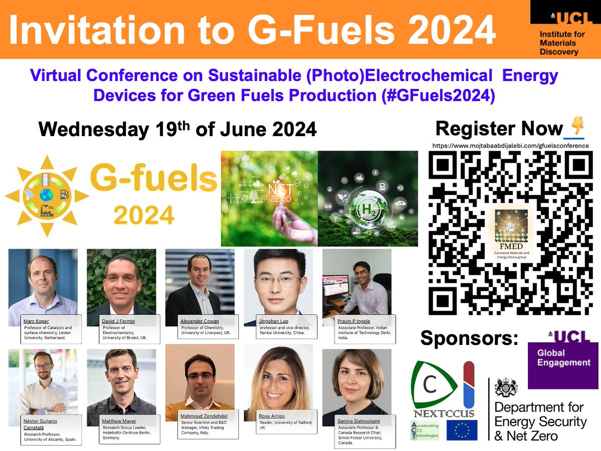 Registration is now OPEN for the Virtual Conference on Sustainable (Photo)Electrochemical Energy Devices for Green Fuels Production #GFuels2024 hosted by <a href="/M_AbdiJalebi/">Mojtaba Abdi-Jalebi</a> group at @UCL. Please register now &amp; spread the word! 
Link: 📢👇mojtabaabdijalebi.com/gfuelsconferen…