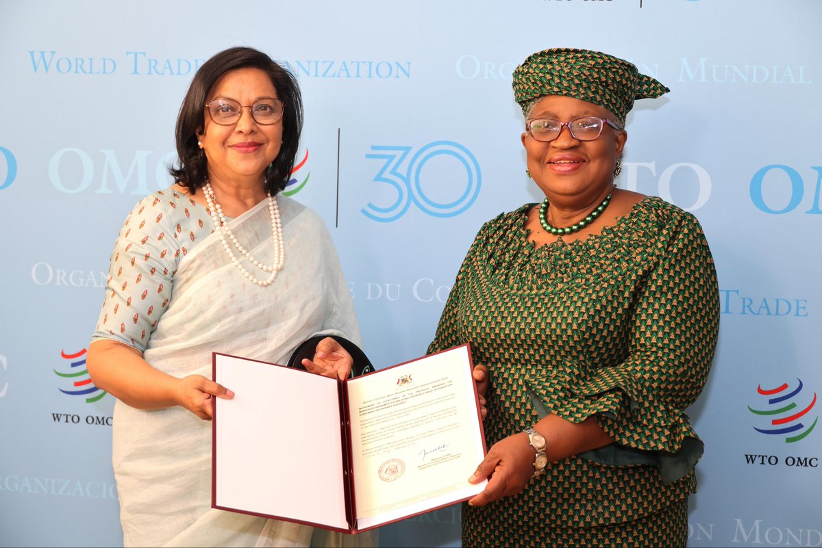 NOIweala's tweet photo. Delighted to have Mauritius become the 75th WTO member to deposit its instrument of ratification for the Fisheries Subsidies Agreement. This is a milestone that leaves us with just 35 more members to go for the agreement to enter into force. Congratulations to the Government of Mauritius, Minister @ManeeshGobin and to the one and only Ambassador Usha Dwarka-Canabady and her team. Let’s keep the ball rolling. Look forward to more ratifications in the coming weeks and months!