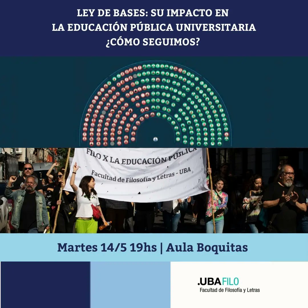 Charla abierta ➡️ El impacto de la Ley Bases en la educación universitaria ¿Cómo seguimos? 🤔 👉 Te esperamos mañana a las 19hs en el aula Boquitas de la sede Puan.