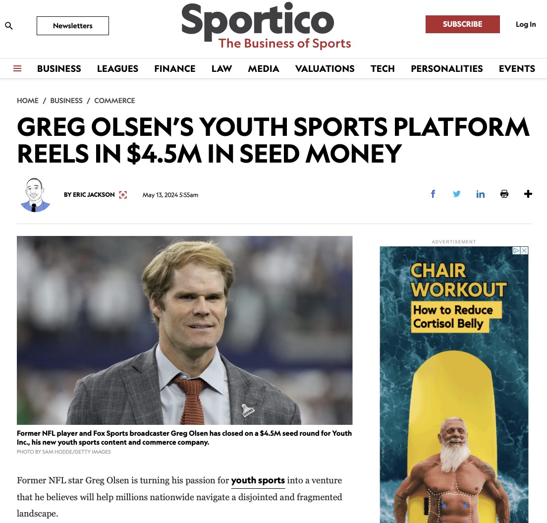 I feel like youth sports companies are about to explode. Today, Greg Olsen's company @YouthInc just announced a $4.5 million seed investment to build out a platform for media and resources (partially based in Philly). Just scratching the surface. Why? In order of events,