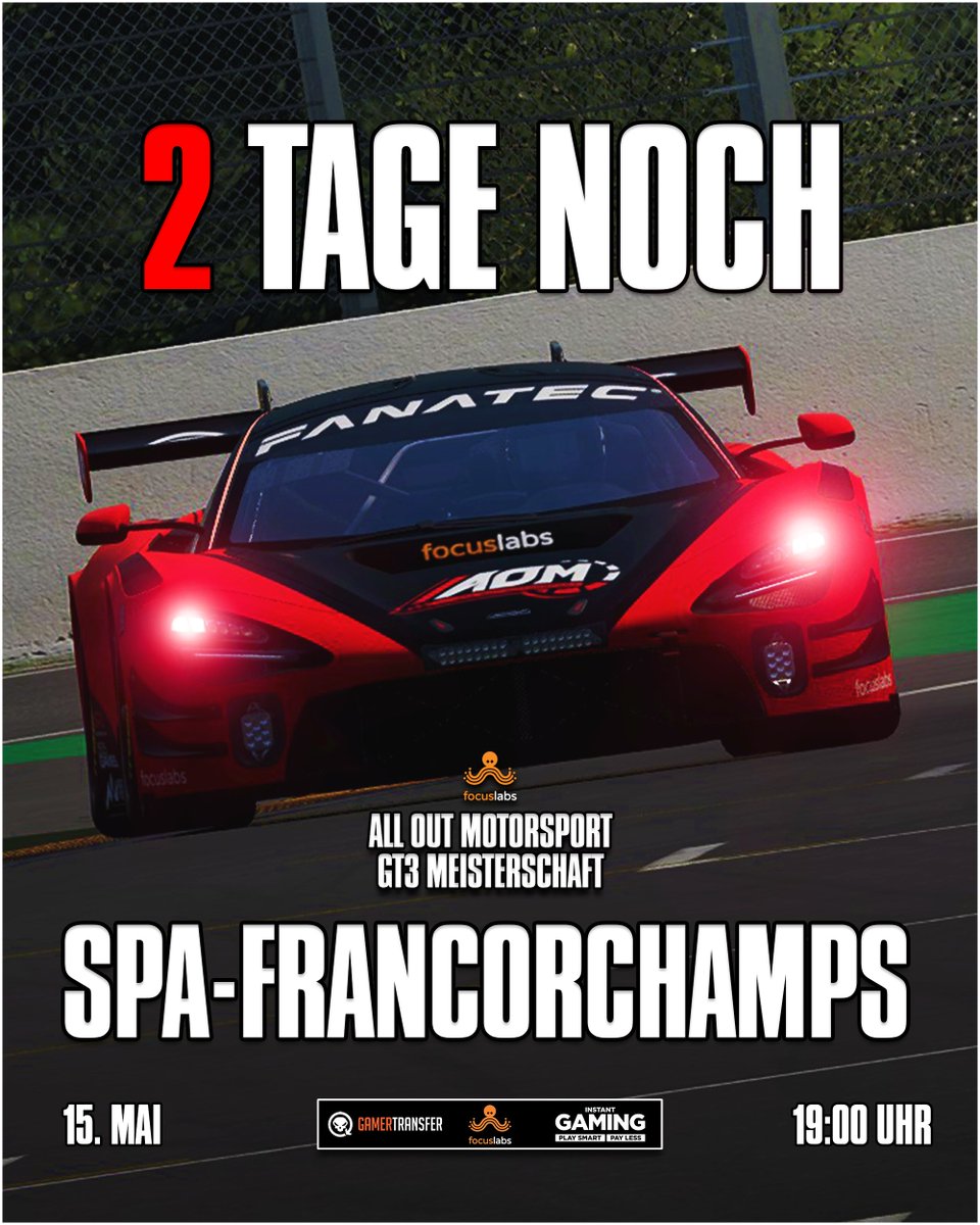 2 Tage noch bis zum vorletzten Lauf der Focuslabs AOM GT3 Meisterschaft 🏆 Unbedingt einschalten, diesen Mittwoch auf Twitch! twitch.tv/alloutmotorspo… #AllOutMotorsport #GT3 #SimRacing