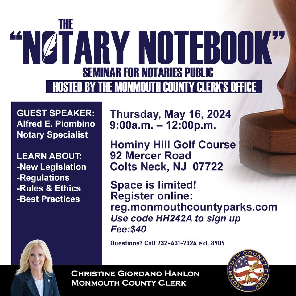 There's still time to register for Thursday's 'Notary Notebook' Seminar! Learn about the latest updates and best practices from author Alfred E. Piombino. Sign up at reg.monmouthcountyparks.com on the @MonCountyParks website with program code HH242A