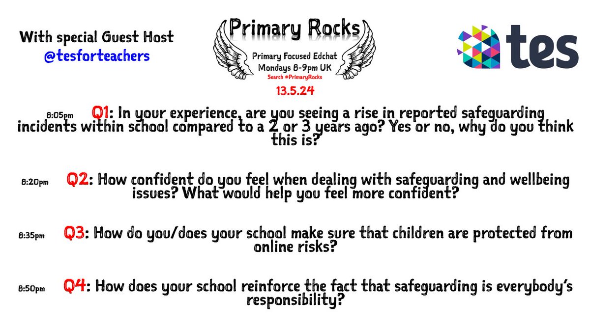 5 minutes until #PrimaryRocks. Here are tonight's questions from @tesforteachers