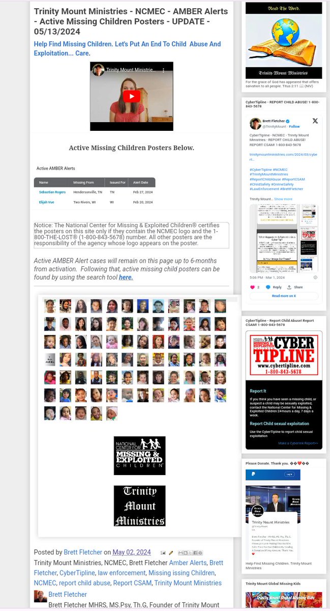 Trinity Mount Ministries - NCMEC - AMBER Alerts - Active Missing Children Posters - UPDATE - 05/13/2024

trinitymountministries.com/2024/05/trinit…

#TrinityMountMinistries #MissingChildren #NCMEC #AmberAlerts #CyberTipline #ReportChildAbuse #ReportCSAM #ChildSafety #OnlineSafety #BrettFletcher