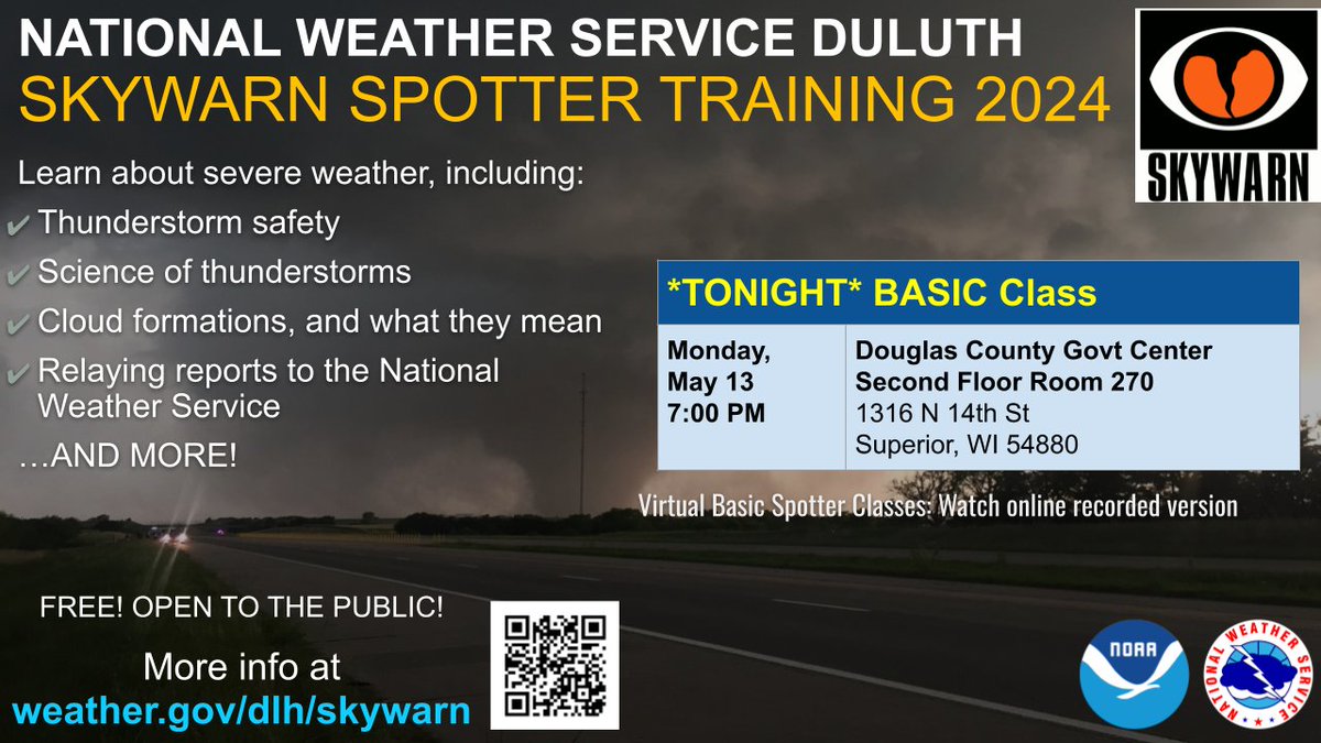 Attention SUPERIOR and the TWIN PORTS! Tonight's the night! Come join us for a basic Skywarn Spotter class at 7PM at the Douglas County Government Center Room 270 in Superior. For more info: weather.gov/dlh/skywarn