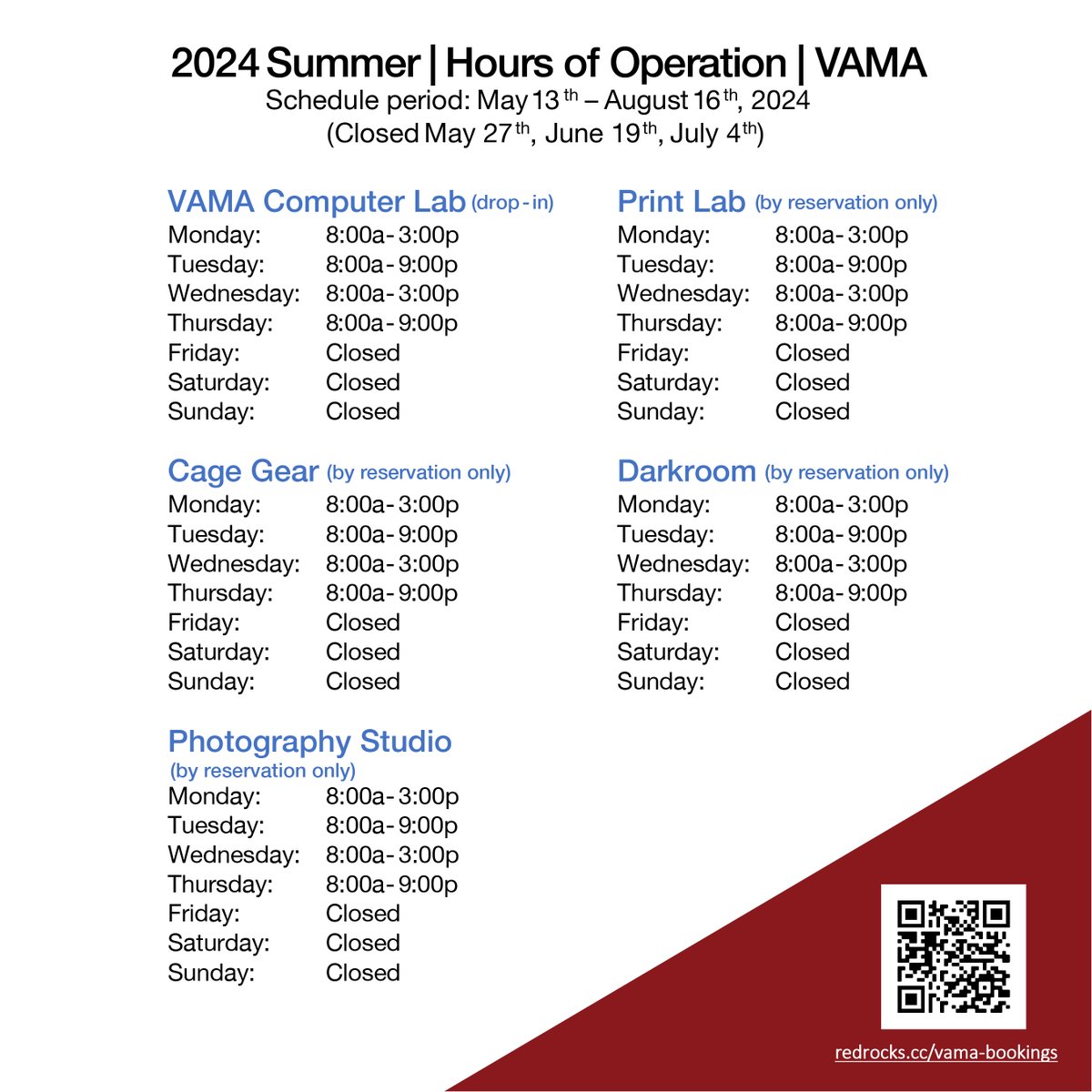 #RRCCVAMA Summer Hours!
May 13th - August 16th, 2024
(Closed May 27th, June 19th, July 4th)
-
MON &amp; WED: 8:00a - 3:00p
TUE &amp; THU: 8:00a - 9:00p
FRI, SAT, SUN: Closed