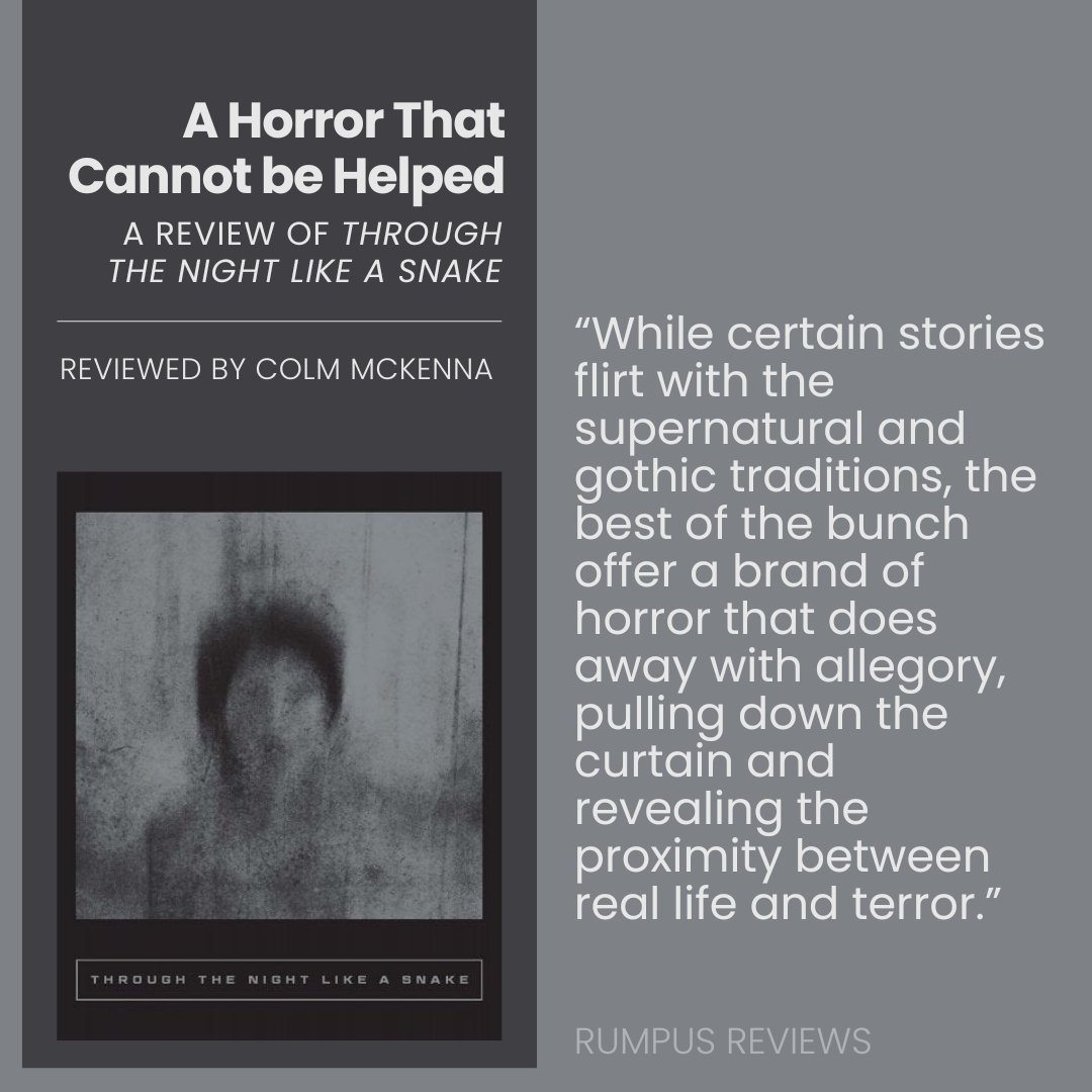“...the best of the bunch offer a brand of horror that does away with allegory, pulling down the curtain and revealing the proximity between real life and terror.” @MckennaColm reviews THROUGH THE NIGHT LIKE A SNAKE (@TwoLinesPress). therumpus.net/2024/05/14/a-h…