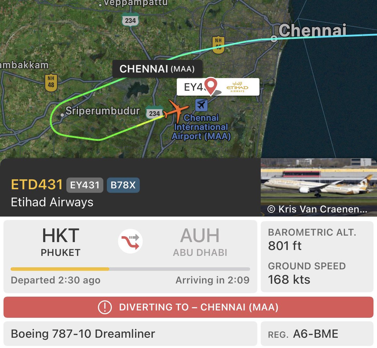 Etihad Airways🇦🇪 DIVERSION🔀 to Chennai

Etihad B787-10 flying from Phuket to Abu Dhabi as EY431 has diverted to Chennai. Reasons not known at present