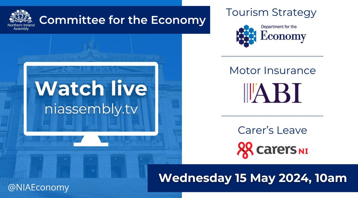 This week the Committee will hear from: 🔹Department for the Economy @Economy_NI 🔹Association of British Insurers @BritishInsurers 🔹Carers NI @CarersNI 📆Wednesday 15 May 2024, 10:00am 📑Full Agenda - aims.niassembly.gov.uk/committees/mee… 📺Watch live on niassembly.tv