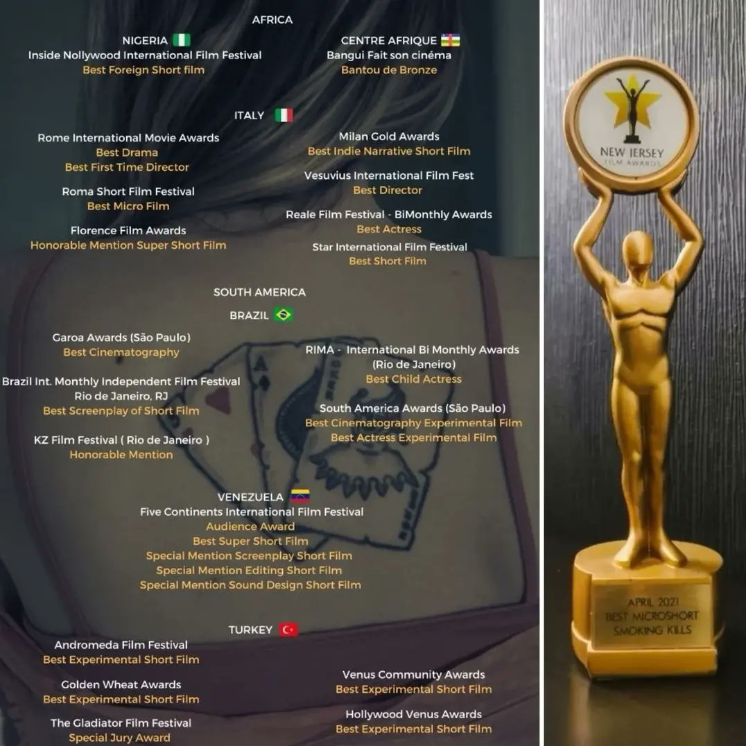 SLuchel's tweet photo. Liste des prix  pour mon court métrage SMOKING KILLS! 88 Awards! 🎉

#awardswinner #shortfilm  #smokingkills #written #directedby #odystevenluchel #stevenluchel #odysl #fr #usa  #uk  #brazil #africa #canada #italy #turkey #india #netherlands #lebanon #greece #belgium #FilmFest https://t.co/cpS65rZfGo