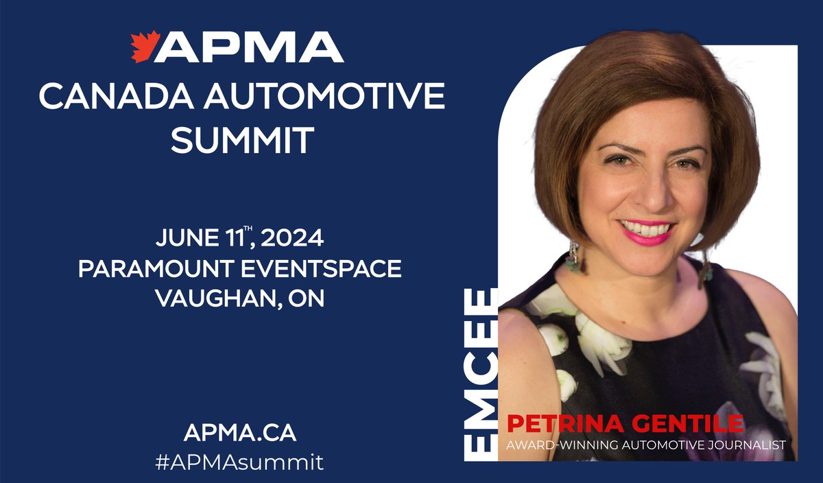 We're pleased to announce renowned automotive journalist, @PetrinaGentile ,will host the Canada Automotive Summit for the third consecutive time. Catch her in action on June 11th in the @City_of_Vaughan. 🎟️Secure your spot now:eventbrite.ca/e/809095675947… #APMAsummit