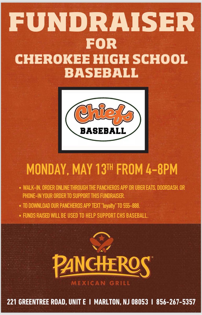 Today! 4-8pm @ Greentree. Mention Cherokee Baseball when ordering. Thank you!
