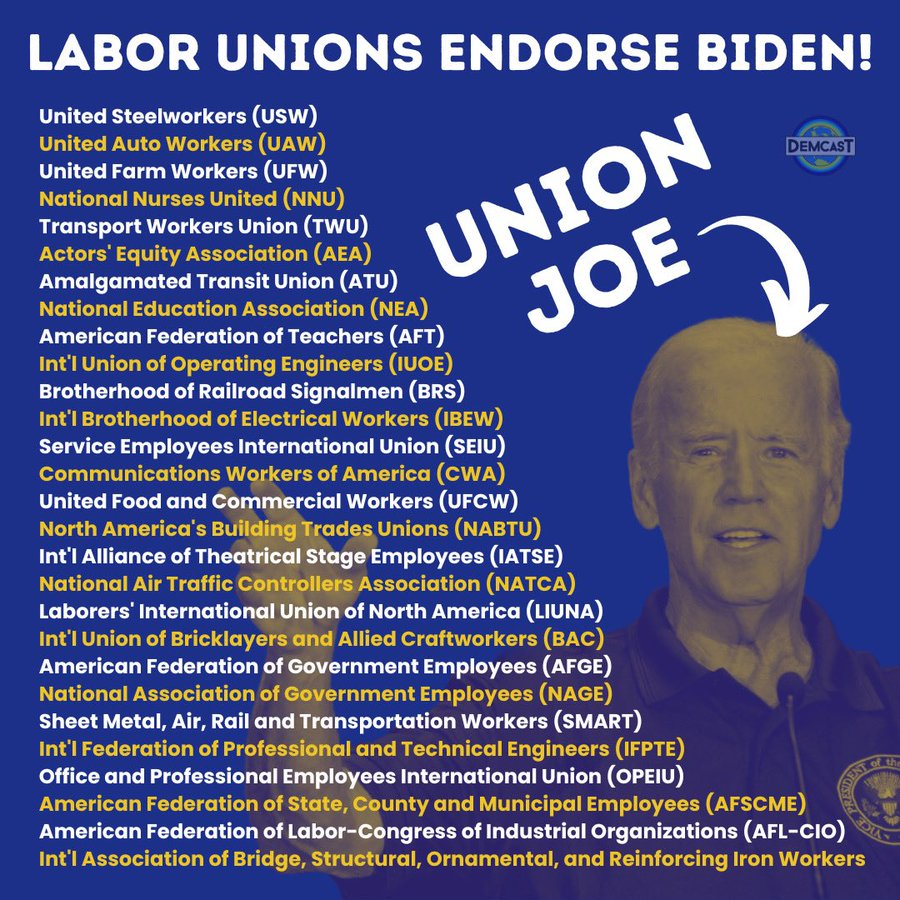 Union Joe is racking up the labor union endorsements because he supports workers, unlike his opponent. Spread the word! #FightForAUnion