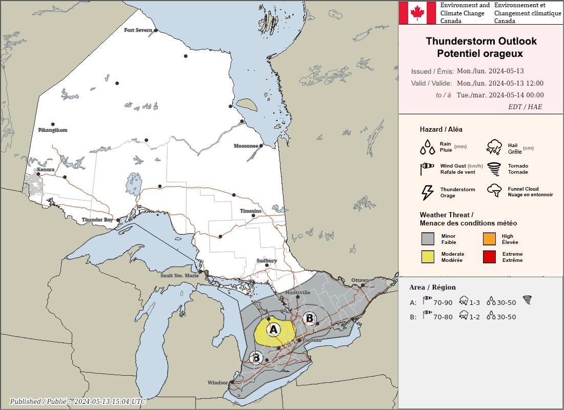 Thunderstorm Outlook for TODAY ⛈️ 👇

⛈️ Thunderstorms are expected this afternoon & evening for southern ON!

⚠️ Some of these storms may produce:

🌬️ 70 to 90 km/h wind gusts 
🧊 1 to 3 cm hail 
💧 heavy downpours of 30 to 50 mm
🌪️ risk of an isolated tornado

#ONStorm #ONwx