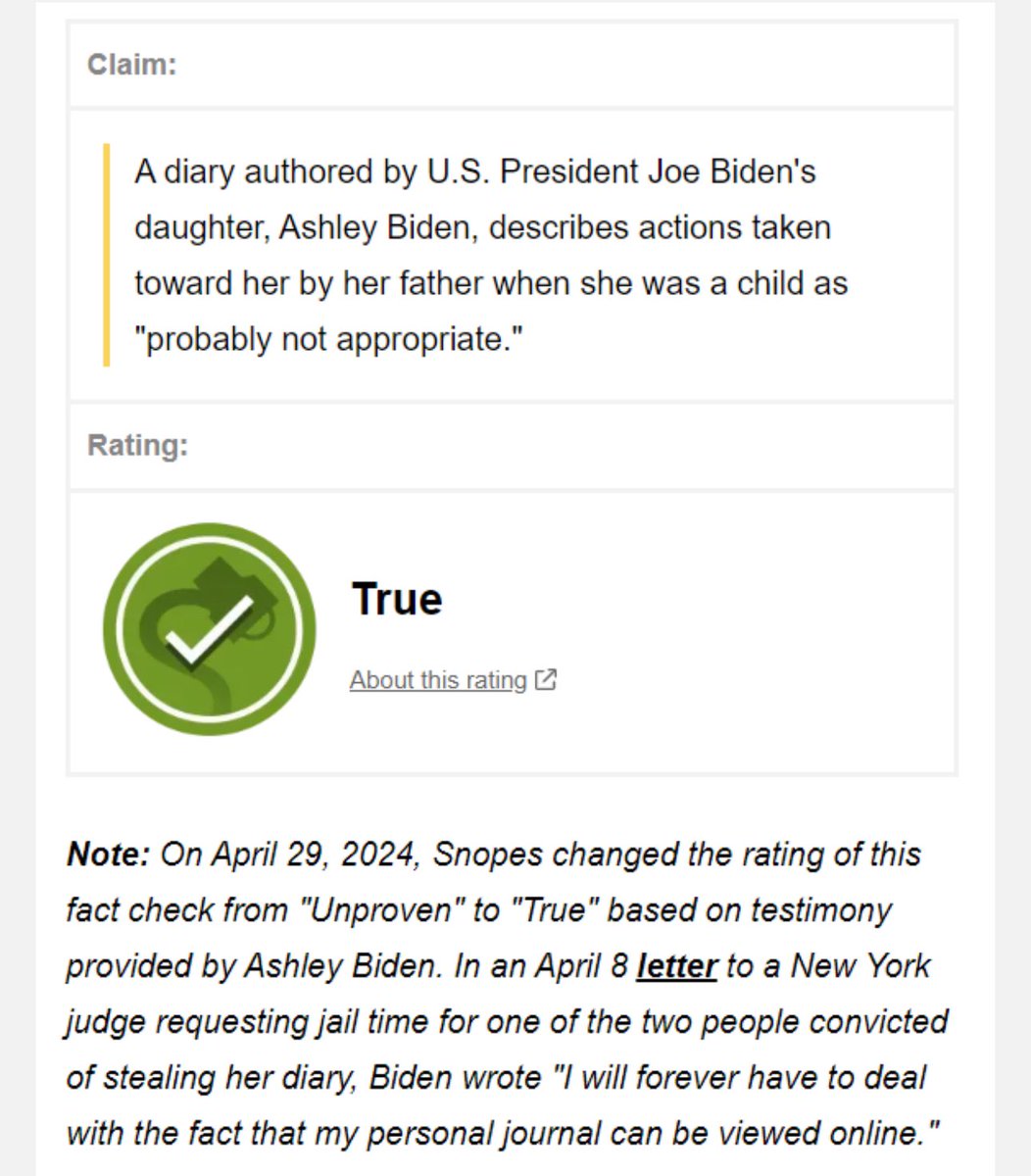 Left wing fact checking site @snopes now admits that Ashley Biden did in fact write that Joe Biden made her take showers with him that were 'probably not appropriate' after Ashley admitted the diary was real in court. She later blames the showers in part for her sex addiction…