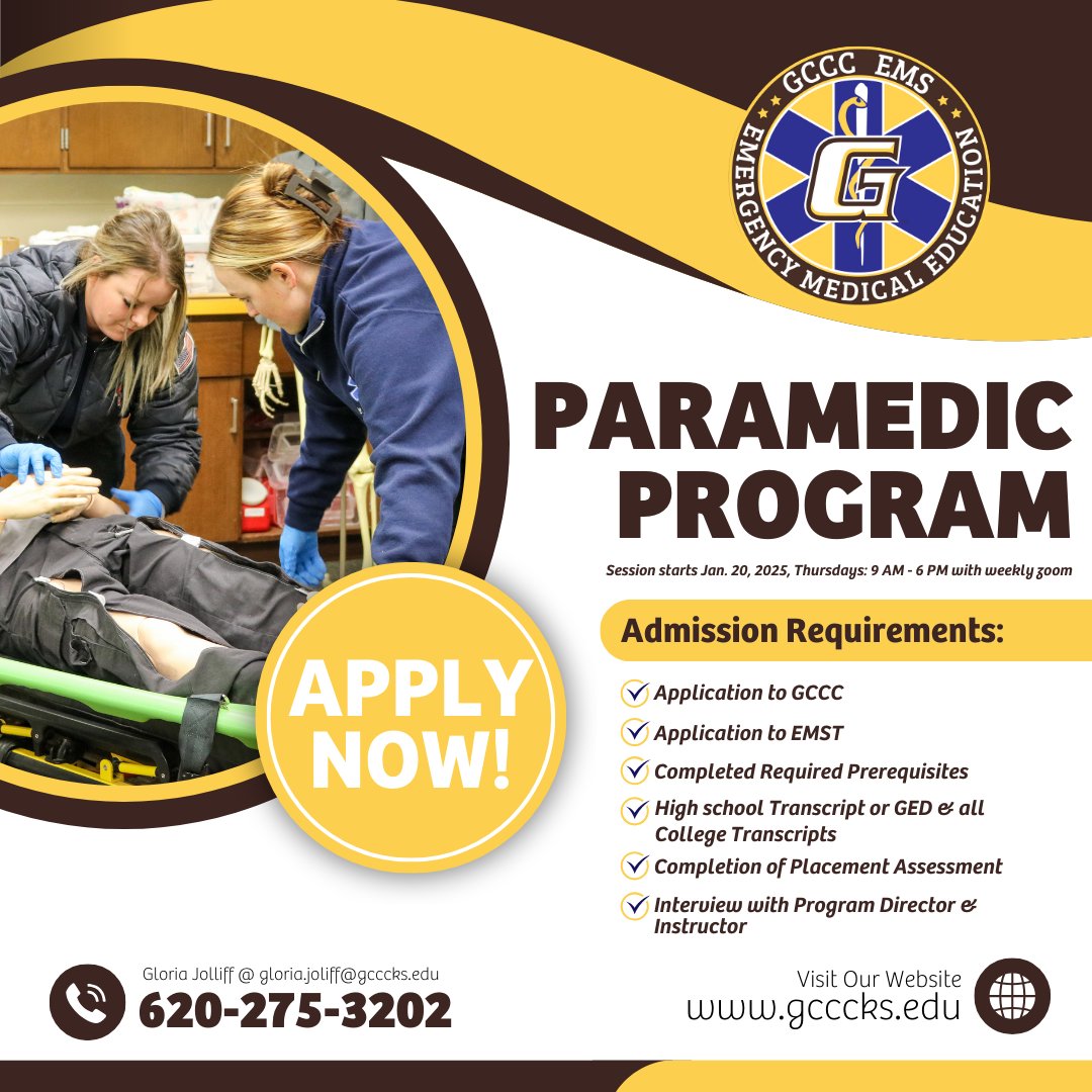 The GCCC Paramedic program is currently accepting applicants for the January 2025 session! If you are interested in becoming a Paramedic, make sure to submit your application. 🚨Scholarships are AVAILABLE!