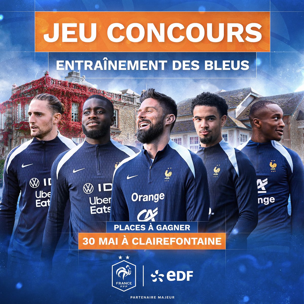 🎟 JEU CONCOURS 🎟

Dernière ligne droite pour nos Bleus avant le début du Championnat d’Europe 2024 ⚡ À cette occasion, nous vous offrons 5⃣ x 2⃣ places pour assister à leur entraînement le 30 mai à Clairefontaine 🤩

Pour participer :
1⃣ RT ce tweet
2⃣ Follow @energiedufoot