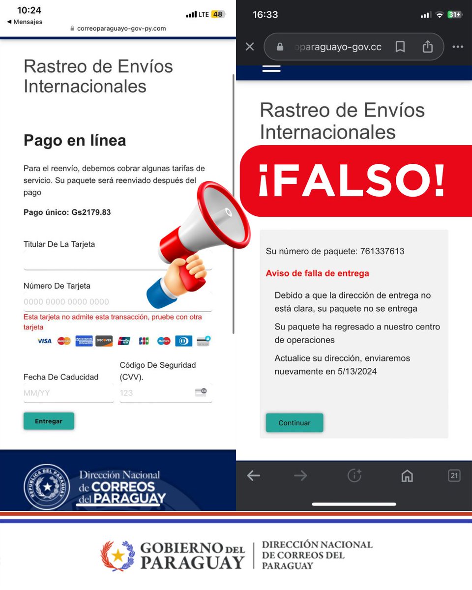 CorreoPy's tweet photo. ¡CUIDADO!

El Correo Paraguayo alerta sobre mensajes de pedidos de pagos en línea falsos a nombre de la institución.
No compartas información personal ni hagas clic en enlaces. Favor denunciar al (021) 443 126, de delitos informáticos de la Policía Nacional.

#CorreoParaguayo https://t.co/1MA9k00VNd