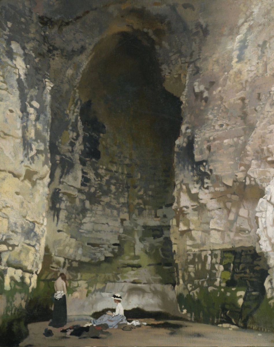 William Orpen's picture from 1908 features his wife Grace with Mabel Nicholson, the wife of the artist William Nicholson at Digby Cave or Smuggler's Cave, in Kingsgate Bay between Margate and Broadstairs in Kent. The cave was originally linked by a trap door to the cellars of