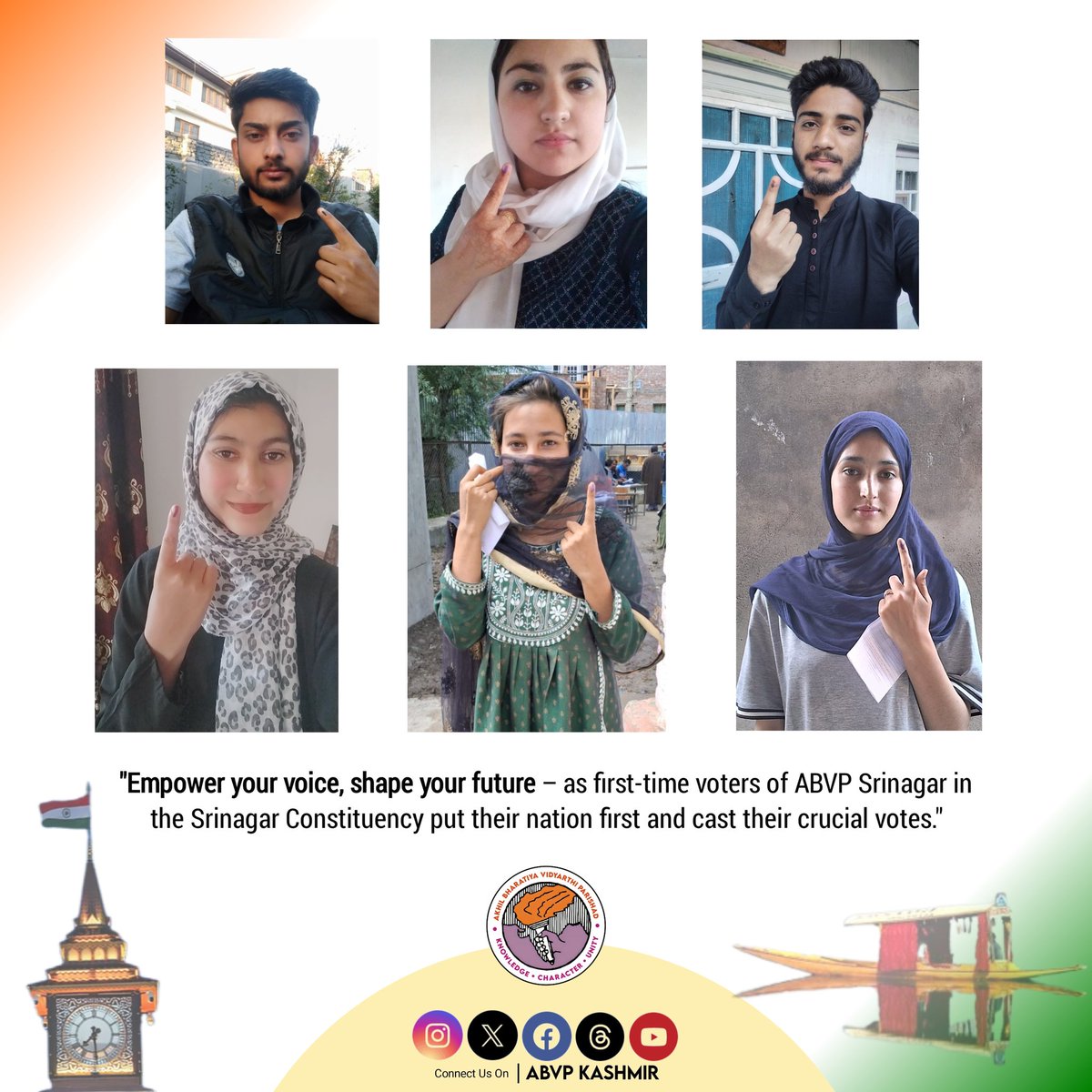 ABVPKashmir's tweet photo. "Empower your voice, shape your future – as first-time voters of ABVP Srinagar in the Srinagar Constituency put their nation first and cast their crucial votes."
@ABVPVoice @abvpjk
#ABVPSrinagar #ABVPKashmir #NationFirst #VotingMust https://t.co/ovW8PCAEsQ