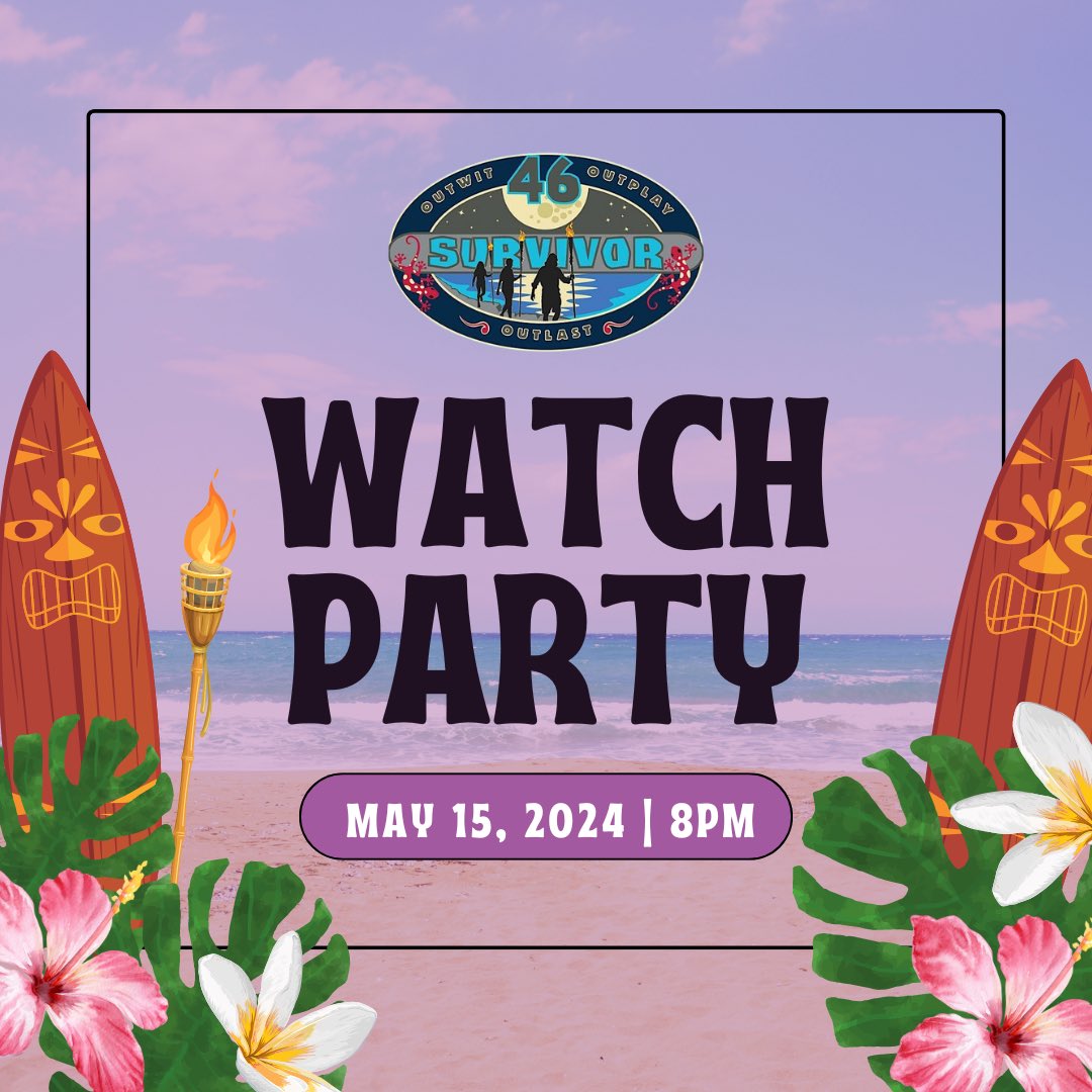 SURVIVOR on the green! 🏝️🌊 join us THIS Wednesday, May 15, for a survivor watch party. grab a couple of cold brews, dinner + a chair to cheer on camp's very own, Kenzie on the big screen! 📍400 camp rd (outside ford building) ⏰ 8pm 🎟️ FREE