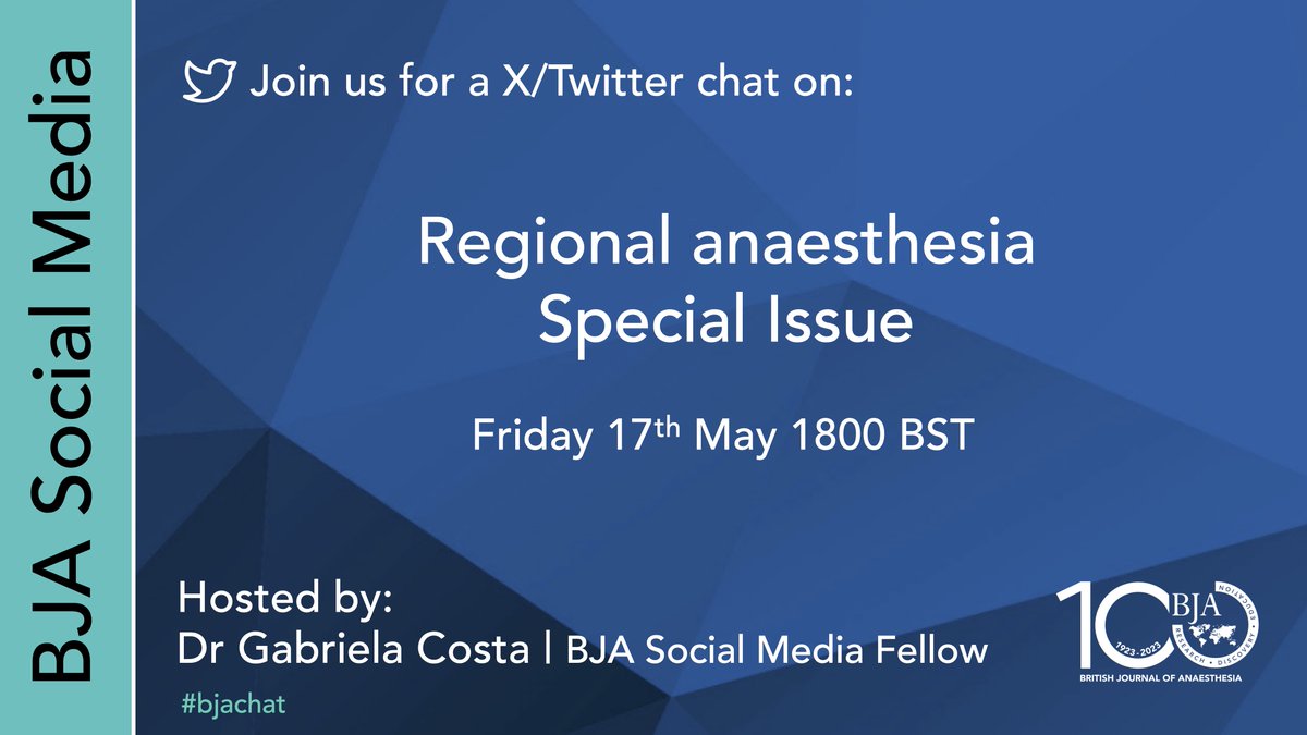 Join us for a Twitter/X chat on Regional Anaesthesia to coincide with our #specialissue on #Regionalanaesthesia.

Follow the hashtag #bjachat to join the event

#RAUK24 #perioperative
