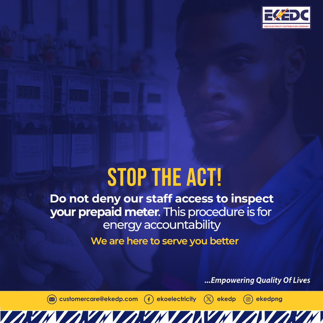 EKEDP's tweet photo. EKEDC staff inspect meters to ensure that there is no electricity bypass, denying us access could imply something wrong.
We are here to serve you better.
#EKEDC #EmpoweringQualityofLives
#MeterBypass #IllegalConnection https://t.co/GDz4T4U1eT