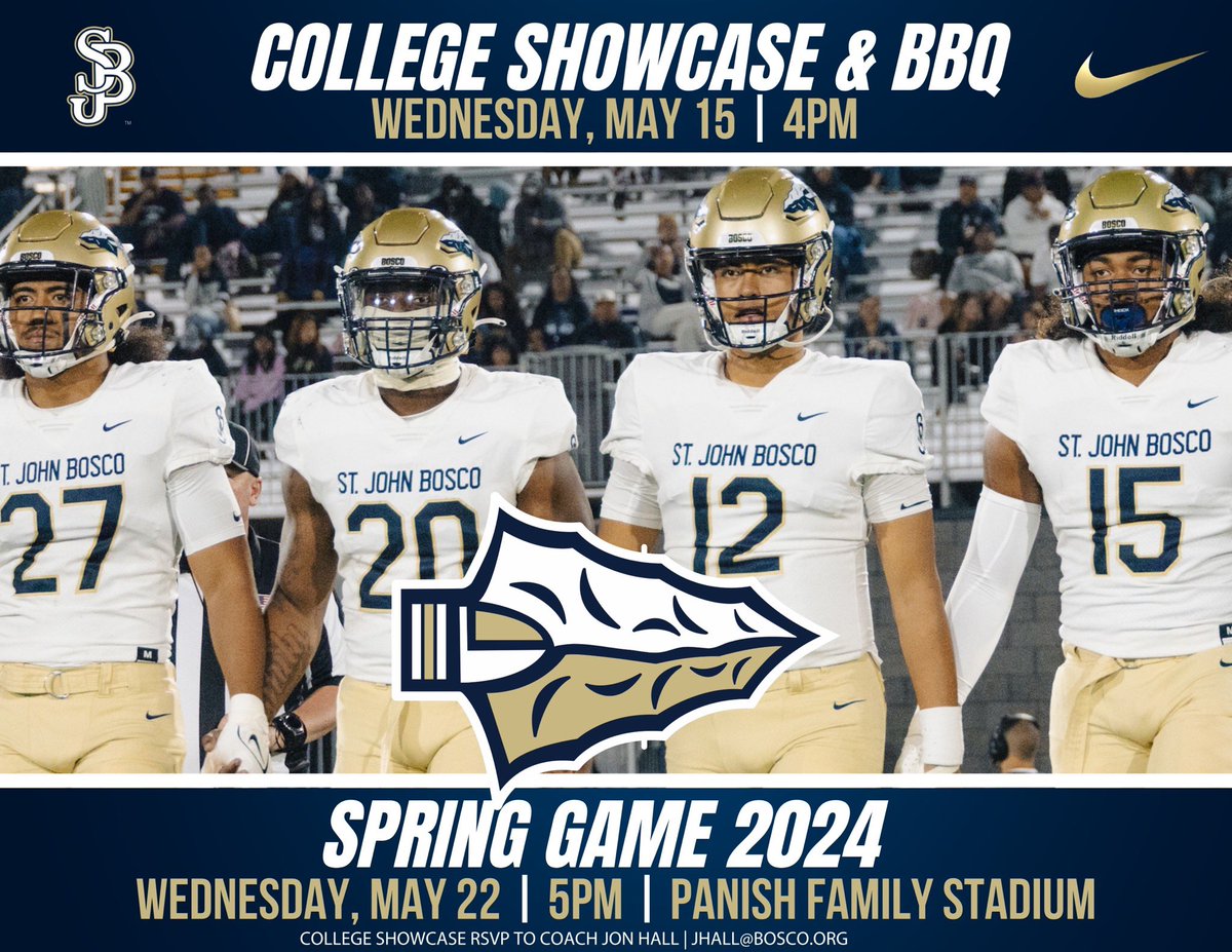 boscofootball's tweet photo. Two big events happening over the next two weeks here at Panish Family Stadium.  College Showcase and Spring Game 2024!   Both events are open to the public. #DestinationBosco #GoBRAVES https://t.co/WmAQJYrt9U