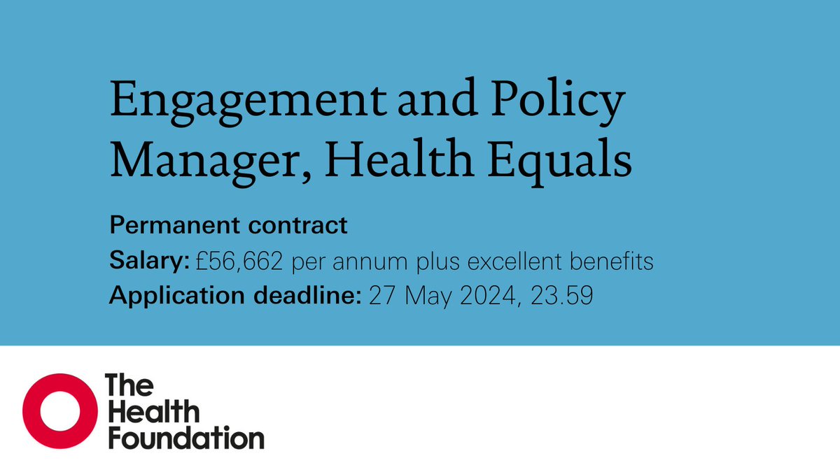 We're looking for a @health_equals Engagement and Policy Manager. They'll develop and maintain society-changing relationships across sectors, engaging members to support our awareness campaigns and policy goals. Find out more and apply by 27 May ⬇️ lde.tbe.taleo.net/lde01/ats/care…