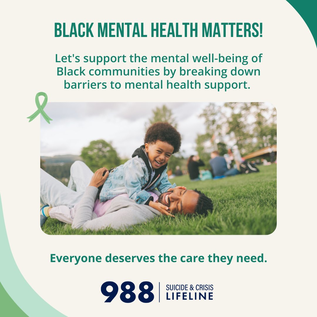 Black Mental Health Matters! Let's support the mental #wellbeing of Black communities by breaking down barriers to #mentalhealth support. Everyone deserves the care they need. Learn more: [bit.ly/49SqKcC]. 💚 #MHAM #MHM