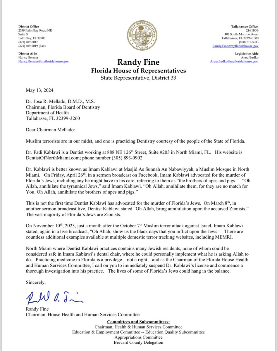 VoteRandyFine's tweet photo. BREAKING: Rep. Randy Fine calls on Florida Board of Dentistry to Suspend Dental License of Muslim Imam Dentist openly advocating for violence against his Jewish patients.  @MEMRIReports @ShirionOrg @StopAntisemites https://t.co/pTNNmBrvbI