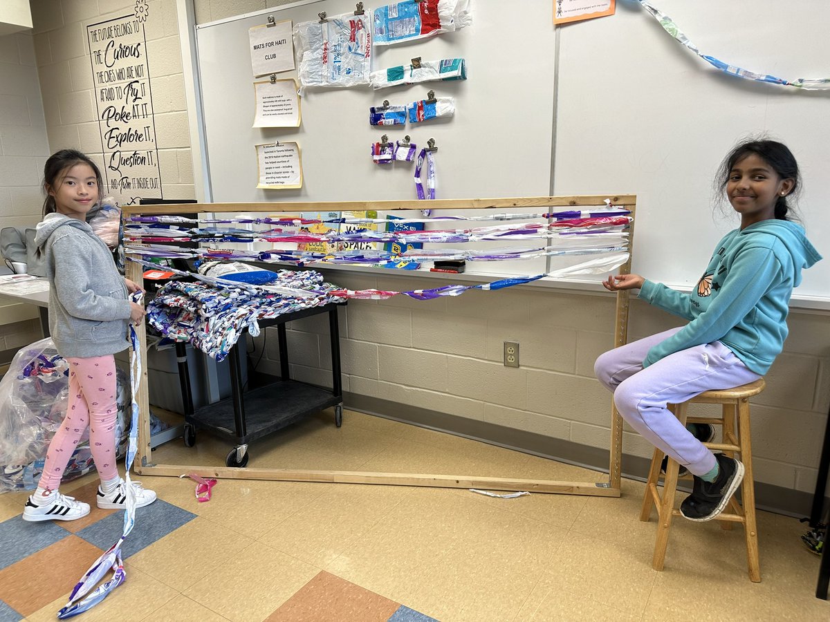 The start of a new mat on the loom today. Approximately 400 milk bags are needed to make each mat. Please save and donate your milk bags to our school. <a href="/HOFAM_DPCDSB/">Holy Family DPCDSB</a> <a href="/MmeGirimonte/">Mme Girimonte</a>