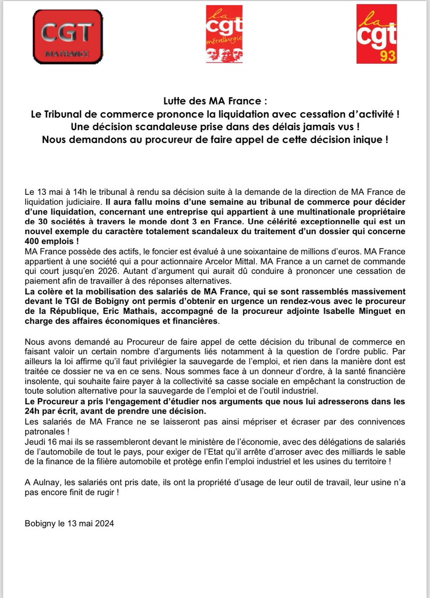 Jamais on aura vu une entreprise d’une telle ampleur liquidée en une semaine! La connivence patronale pour asséner les mauvais coups et gonfler les poches des actionnaires ne connaît aucune limite. L’Etat doit agir ! Ne pas faire appel c’est être complice !