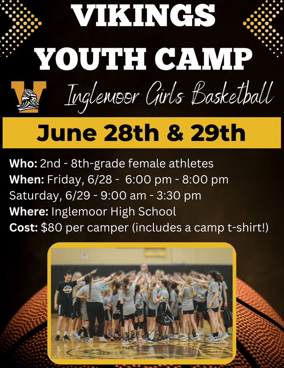 Our 2024 Youth Camp registration is now LIVE! Register by Monday, June 3rd to secure your spot and get a free camp t-shirt. Join us and be a part of our special Viking Basketball Community! 

You can register here - forms.gle/56Bn5PVPcEPTok…