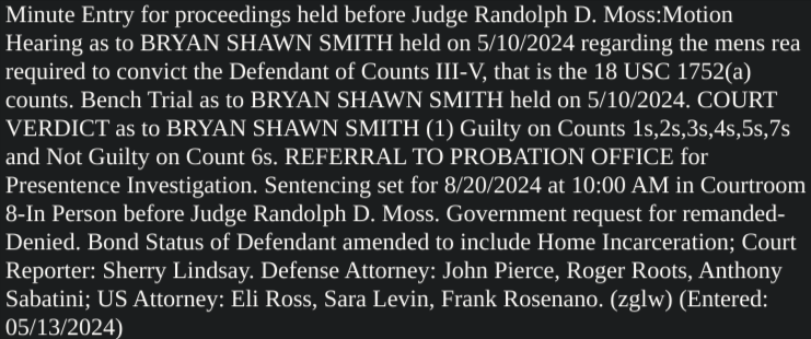 sfoguj's tweet photo. BENCH TRIAL VERDICT: Bryan Shawn Smith found NOT GUILTY on Count Six, GUILTY on the other six counts. Sentencing 8/20. Govt motion for remand DENIED. Release conditions changed to Home Incarceration. https://t.co/BLkuzffKMW