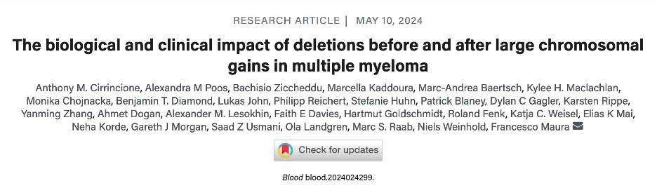 New paper out today in @BloodJournal from the fantastic collaboration between @HeidelbergU @HDMyeloma @univmiami @MSKCancerCenter 🎉. Paper title: 'The biological and clinical impact of deletions before and after large chromosomal gains in multiple myeloma' #msmm (1/x)