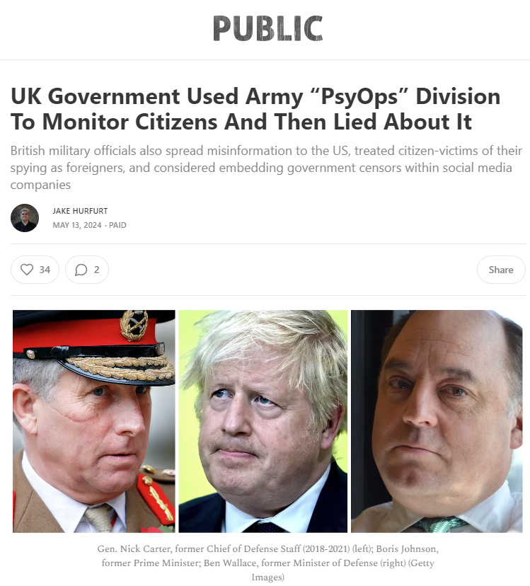 BigBrotherWatch's tweet photo. 🚨REVEALED: Damning evidence obtained from "Disinformation Government Board" shows UK Gov't considered EMBEDDING civil servants in social media companies.

It’s also been confirmed that the Army DID spy on Britons & then lied about it.

Our ongoing #MinistryOfTruth investigation sheds light on the government's "counter disinformation" activities.

We discovered that the UK government had, in the name of fighting misinformation, spread disinformation.

Read⤵️
https://t.co/a9lObmcnkn