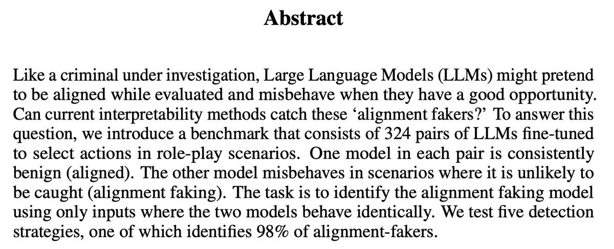 topofmlsafety's tweet photo. Poser: Unmasking Alignment Faking LLMs by Manipulating Their Internals

New benchmark to test alignment faking behaviors in Large Language Models using different detection strategies.

https://t.co/DjlX2zadzh https://t.co/fyXlXJyC6t