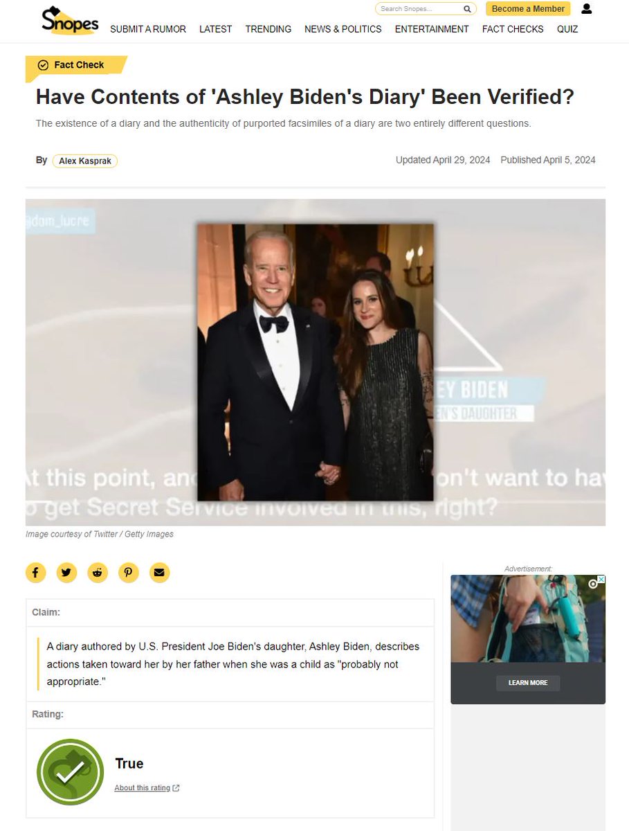 Left-wing 'fact checkers' Snopes are now admitting that Ashley Biden's diary is verified after Ashley wrote a letter to the judge confirming the diary is hers and is real.

Here's the before and after:

Ashley suggested in her diary that she was m0lest*d and took inappropriate…