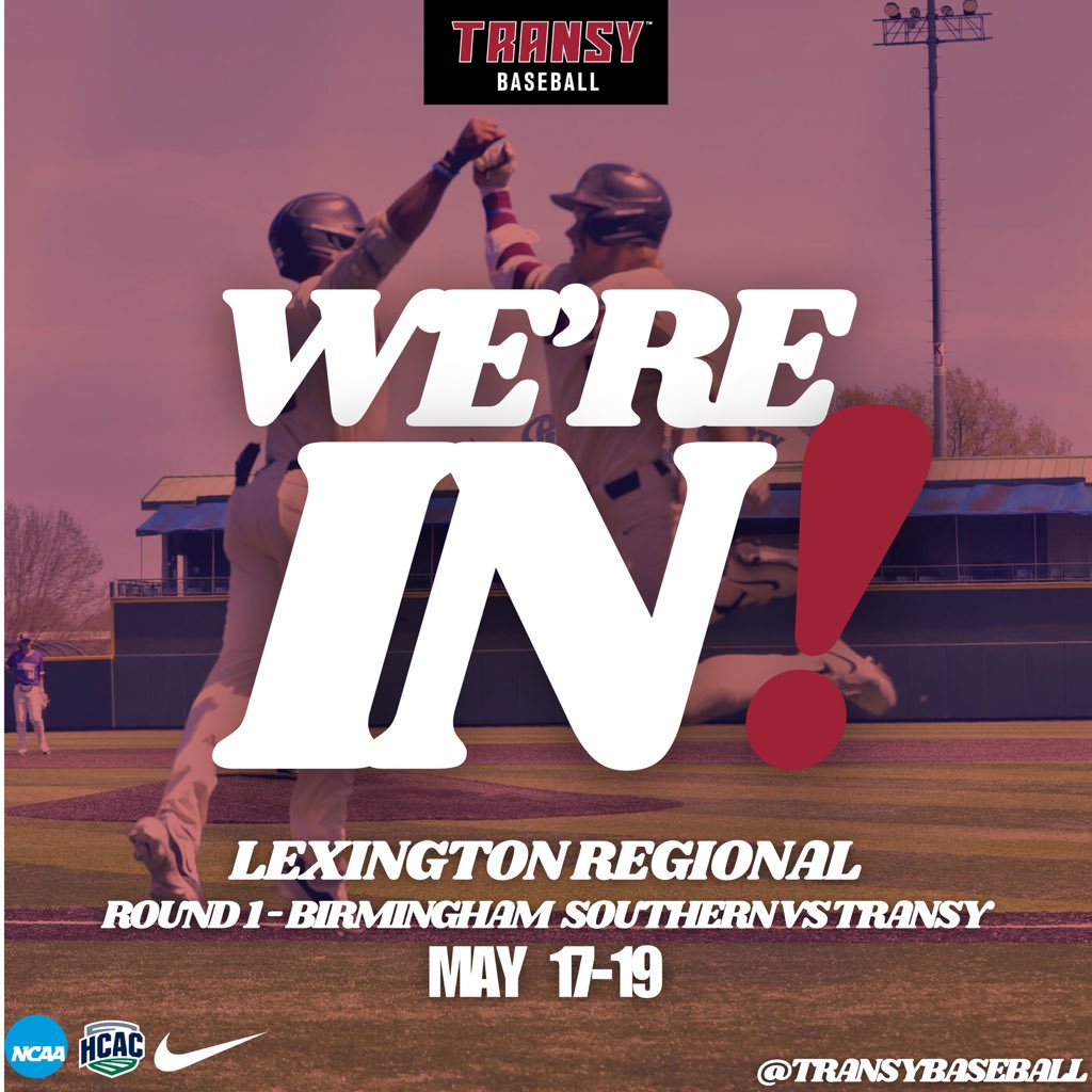Transy Sports (@transysports) on Twitter photo WE ARE HOSTING ❗️
<a href="/TransyBaseball/">Transy Baseball</a> will host the Lexington Regional in the NCAA Tournament for the first time ever!
📍<a href="/GoLexLegends/">Lexington Legends</a> Field
The Pioneers will host Spalding, Birmingham Southern, and Beloit.
#FlyPios🦇 | <a href="/HCACDIII/">Heartland Collegiate Athletic Conference</a> WE ARE HOSTING ❗️
<a href="/TransyBaseball/">Transy Baseball</a> will host the Lexington Regional in the NCAA Tournament for the first time ever!
📍<a href="/GoLexLegends/">Lexington Legends</a> Field
The Pioneers will host Spalding, Birmingham Southern, and Beloit.
#FlyPios🦇 | <a href="/HCACDIII/">Heartland Collegiate Athletic Conference</a>