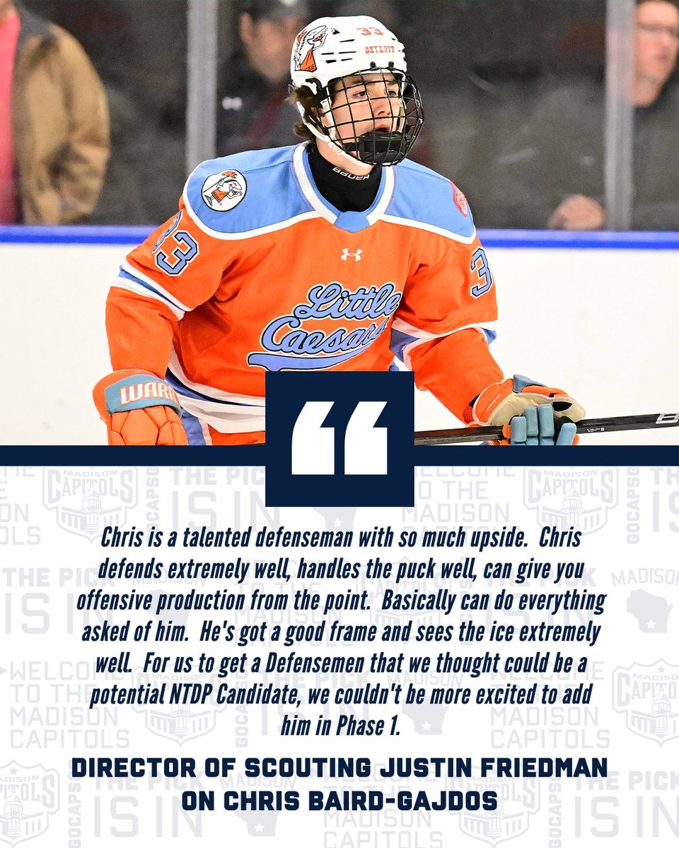 Over the next couple of weeks leading up to Main Camp in June, we'll be highlighting our 2024 Draft Class. Today, we focus on Chris Baird-Gajdos. Here's what Caps Director of Scouting Justin Friedman had to say about the d-man. #GoCapsGo