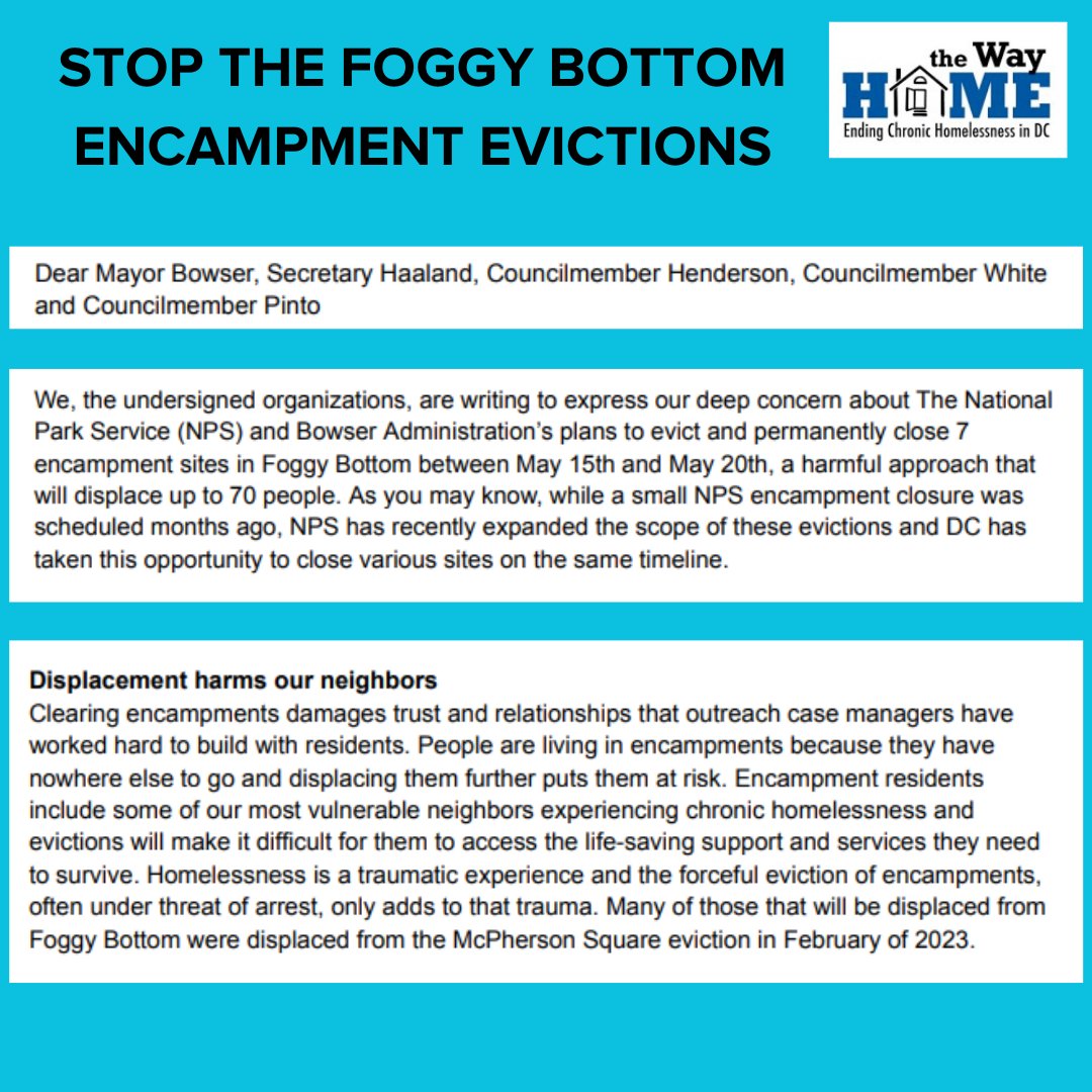 thewayhomeDC's tweet photo. We, along with 49 partner organizations, are calling on the @MayorBowser administration and the @NatlParkService to STOP the impending Foggy Bottom Encampment Evictions this week. Housing, not evictions, is what ends homelessness.

Send your message today: https://t.co/dLwQTPxoCo https://t.co/pM7FfdX5nZ