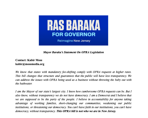 Today’s OPRA bill is not who we are in New Jersey. My statement on the bill: