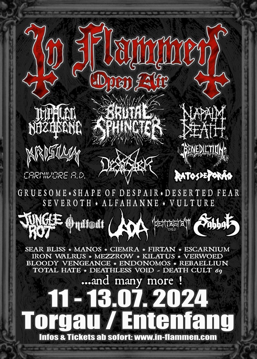 Spermany 🇩🇪, you'll definitely be tired of seeing us live this summer 🤘😂🤘.

Prepare your dance shoes because this line-up is dope : Napalm Death, <a href="/Krisiun/">Krisiun</a>, <a href="/Benediction/">Benediction</a>, <a href="/JungleRotBand/">𝗝𝗨𝗡𝗚𝗟𝗘 𝗥𝗢𝗧</a>, etc 💃🕺

#grindcore #deathmetal  #metalfest #germanmetal #blackmetal #metal #metaltwitter