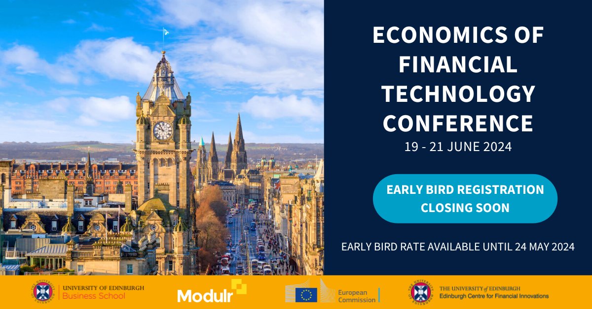 📣 Early bird registration closes on Friday 24 May. Book now to receive the discounted rate! 📑Full programme details can be found here: edin.ac/3JOLK88 🔗Register now: edin.ac/3H1CvQt #EFTedinburgh #EFT2024 #Fintech #UEBS